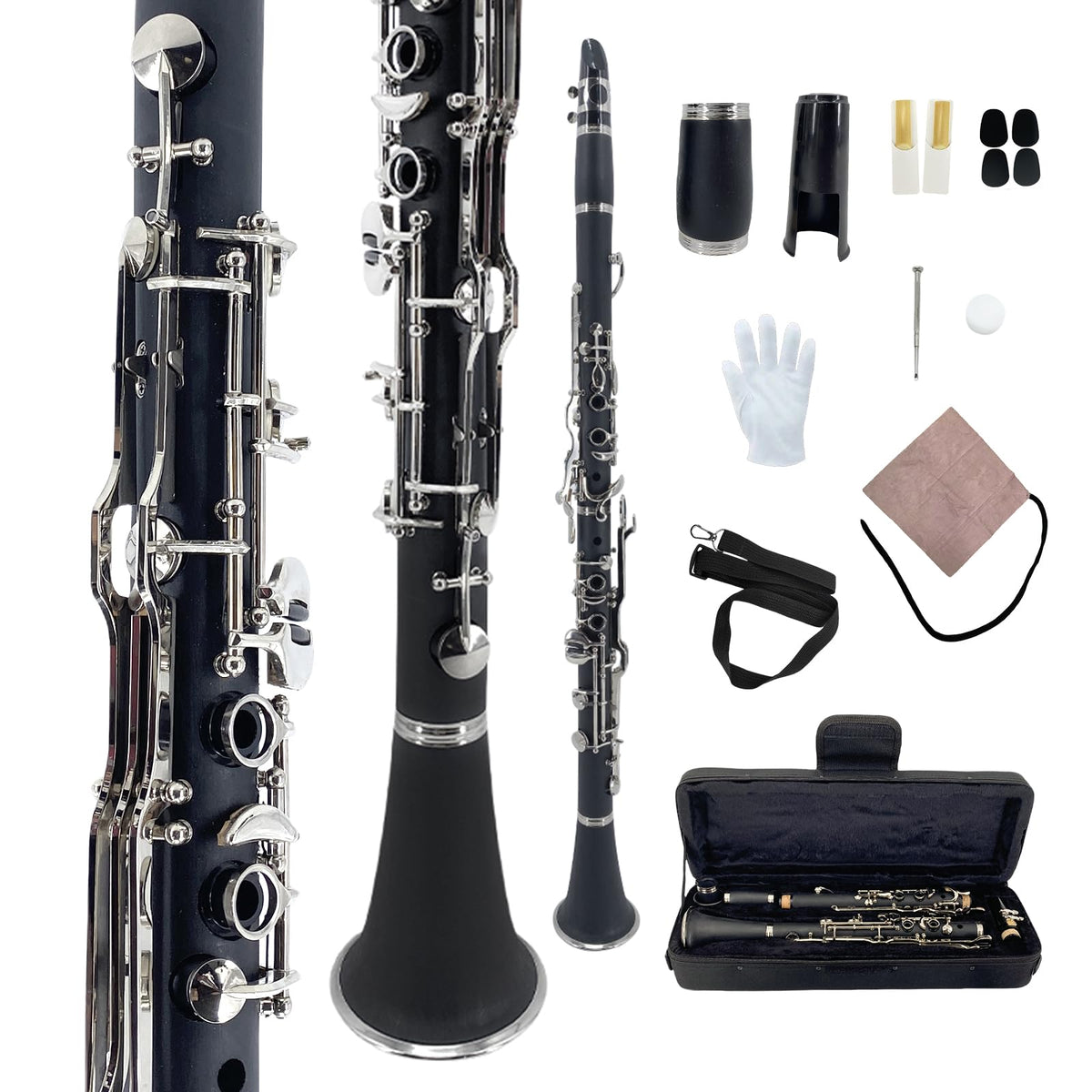 YoungMonic Black Ebonite G Clarinet with Nickel-Plated Keys Complete Starter Kit - Includes Padded Carry Case, Mouthpiece, Reeds & Care Supplies, Fit for Beginner Instrument
