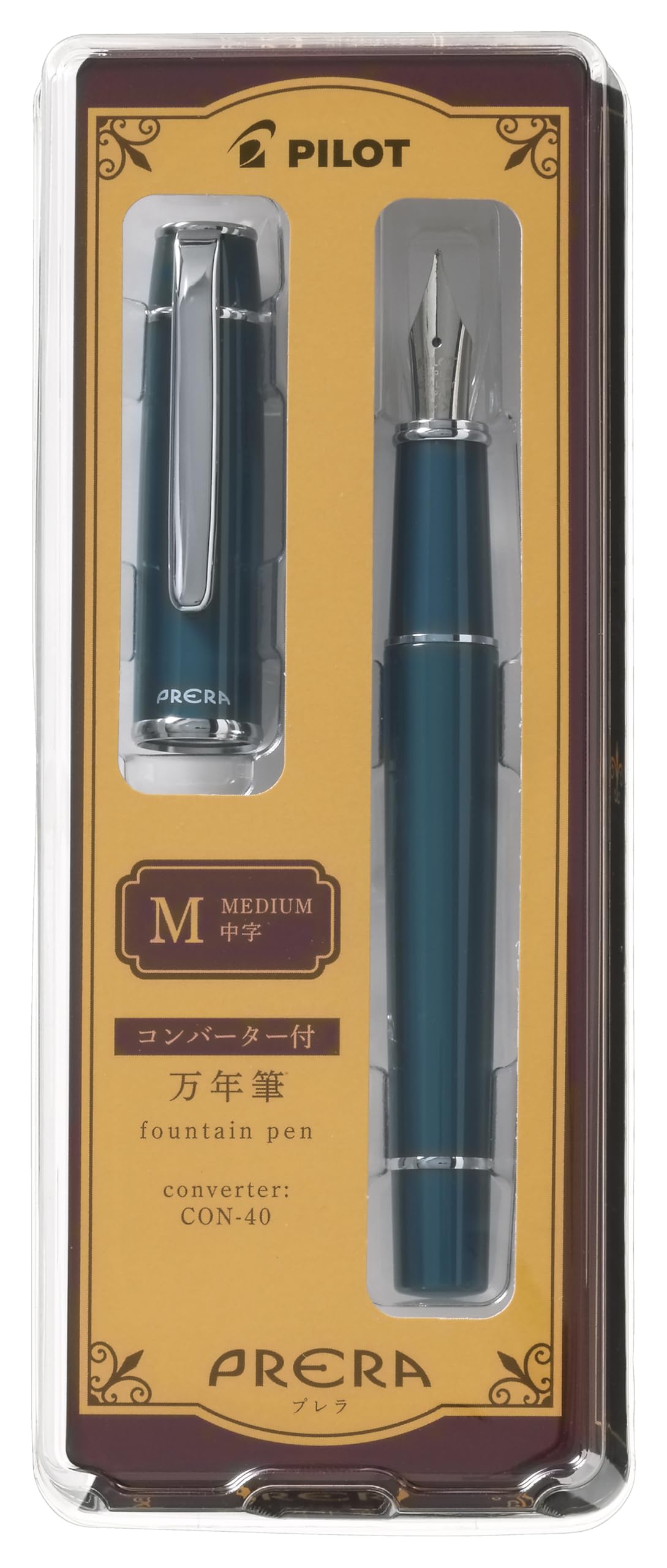 PILOT Prera Fountain Pen, Medium Nib, Dark Turquoise (P-FPR-1-DTQ-M), Includes CON-40 Converter