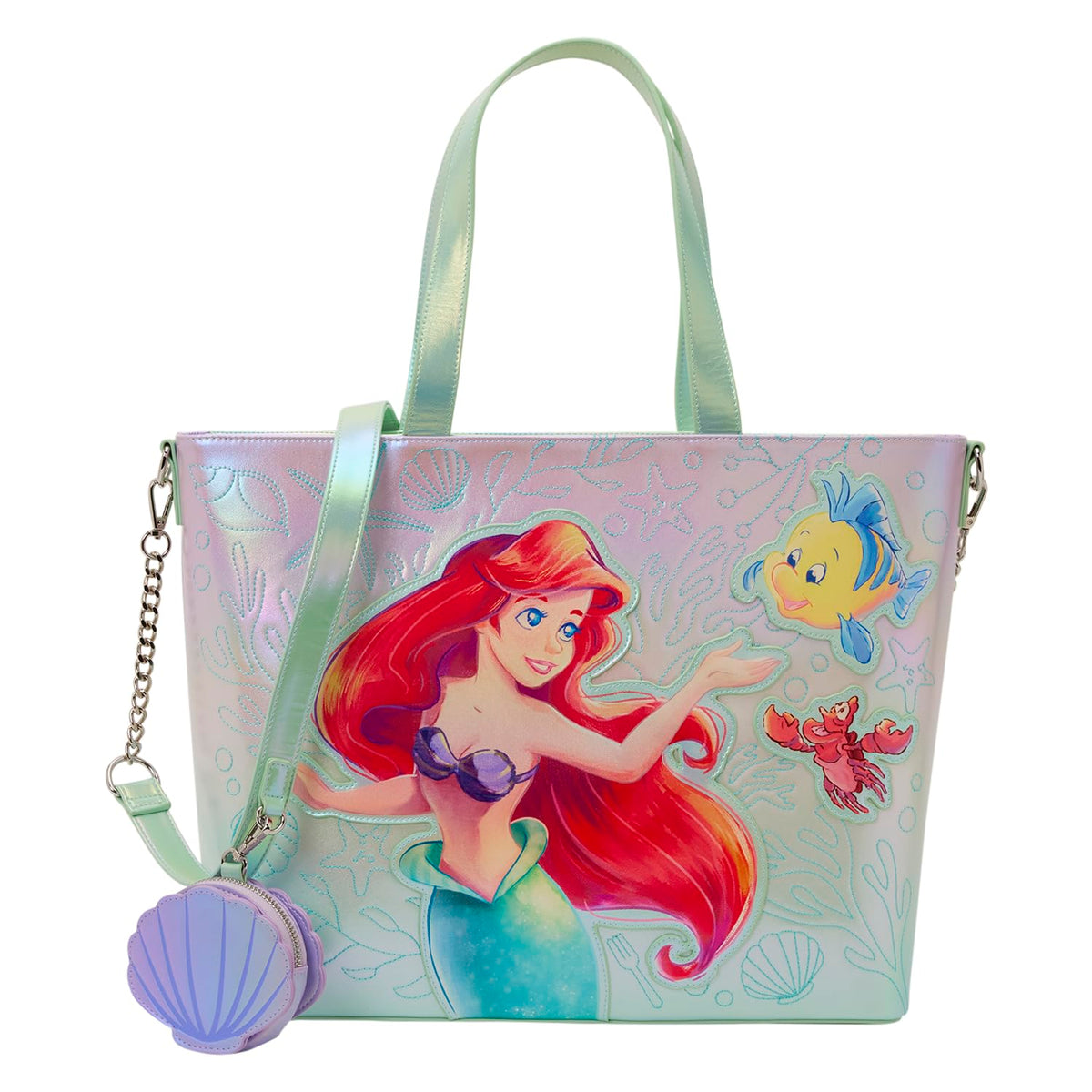 Loungefly The Little Mermaid Ariel, Flounder, & Sebastian Tote Bag with Coin Bag