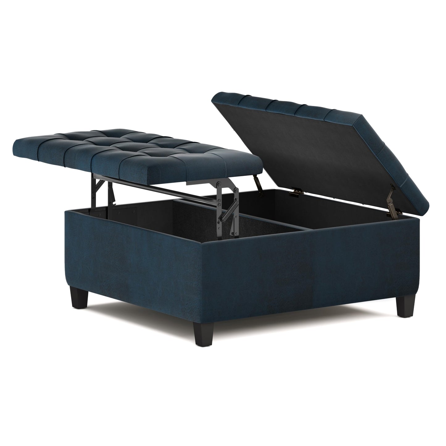 SIMPLIHOME Harrison 36" Wide Vegan Leather Lift Top Ottoman in Dark Blue