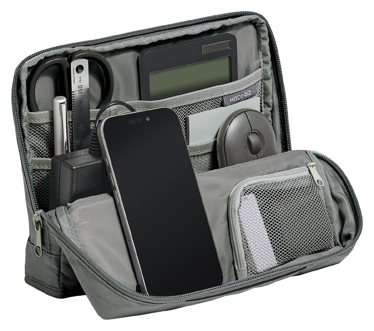 KOKUYO Pencil Case Pouch, Haco-Biz Standing Pen Pouch Bag, Foldable Stand up Pencil Holder Organizer, Large Capacity Portable Pencil Box for Office Supplies, Gray