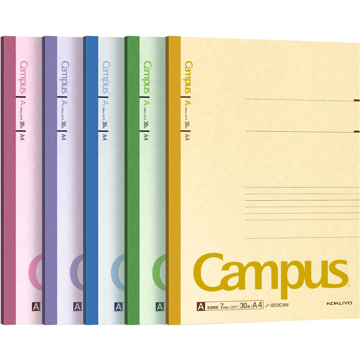 KOKUYO Campus Notebook, A 7mm(0.28in) Ruled, A4, 30 Sheets, 35 Lines, Pack of 5, 5 Colors, Japan Improt (NO-203CAX5)