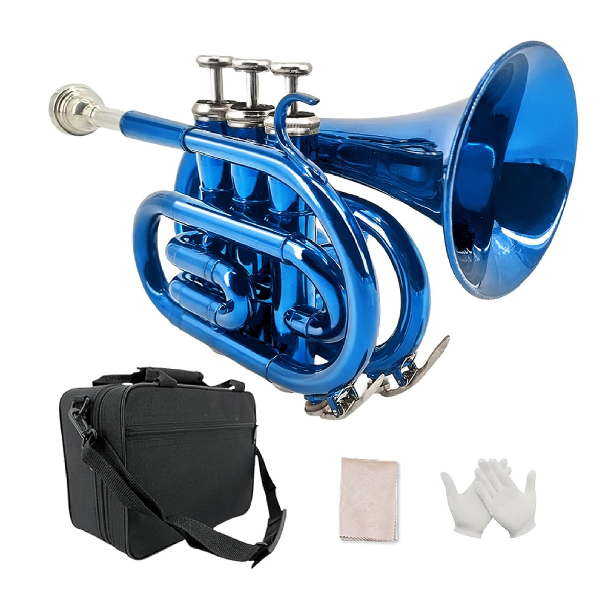 YoungMonic Musical Bb Standard Pocket Trumpet for Lacquered Copper Trumpet with 7 C Mouthpiece, Hard Case and Mouthpiece (Blue01)
