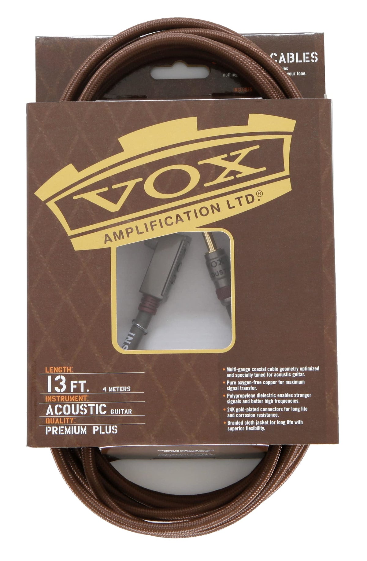 Vox VAC13 Class A Acoustic Guitar Cable - 13ft, 1/4" Straight/Angled TS, Brown