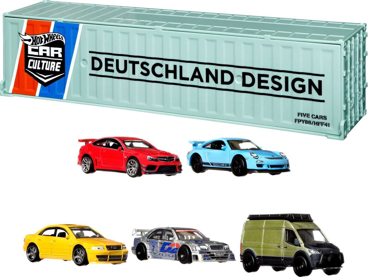 Hot Wheels Premium Car Culture Deutschland Design Container Set, 5-Pack of German 1:64 Scale Vehicles, New & Vintage, for Adult Collectors