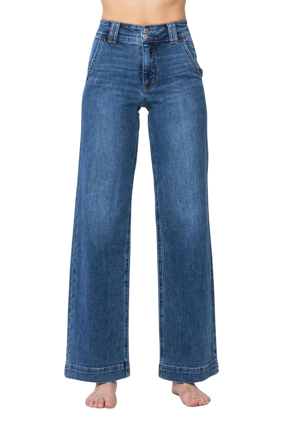 Judy Blue Women's High-Rise Double Button Waistband Wide Leg Jeans (Medium Blue, 14W)