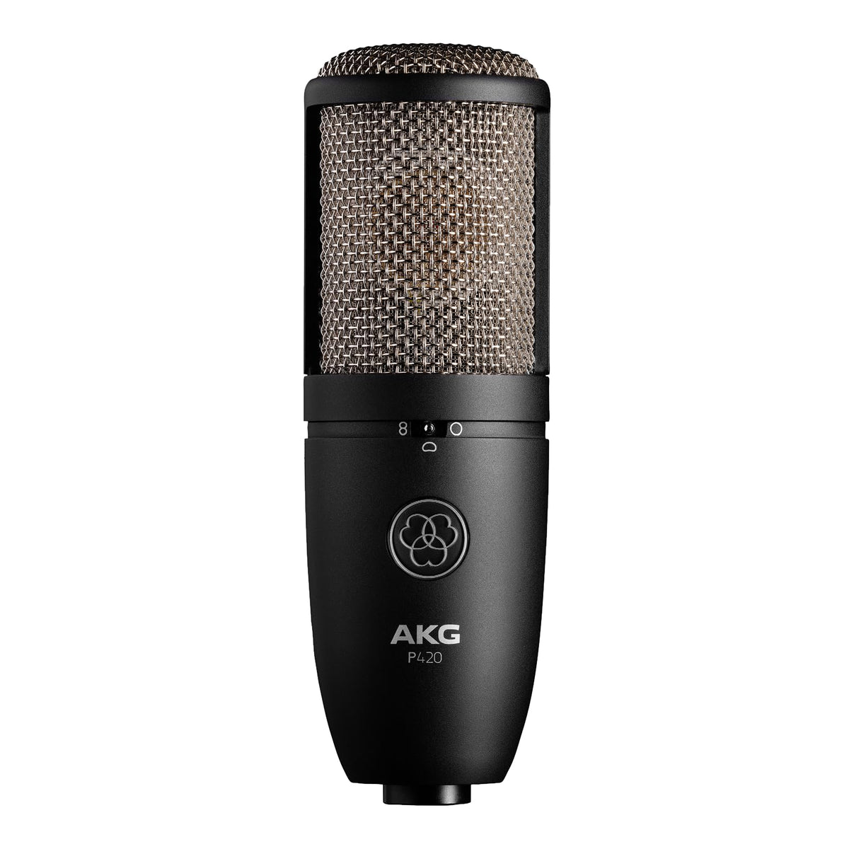 AKG Pro Audio P420 Multi-Pattern Condenser Microphone with Shock Mount and Case. Great for ensemble recording, grand piano, woodwind, brass instruments, drums and percussion. Black and Gold.