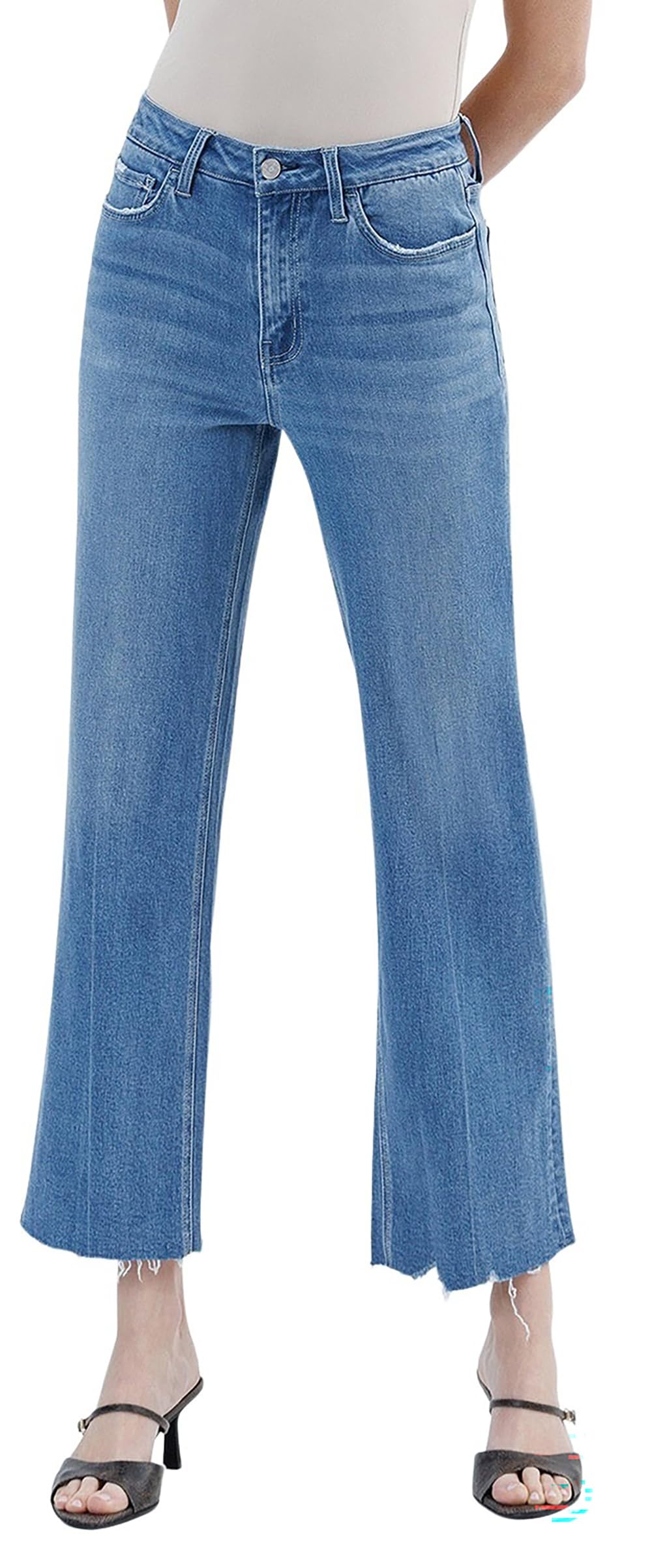 Lovervet by VERVET Women's High Rise Raw Hem Ankle Slim Wide Jeans (Sharpest, 28)