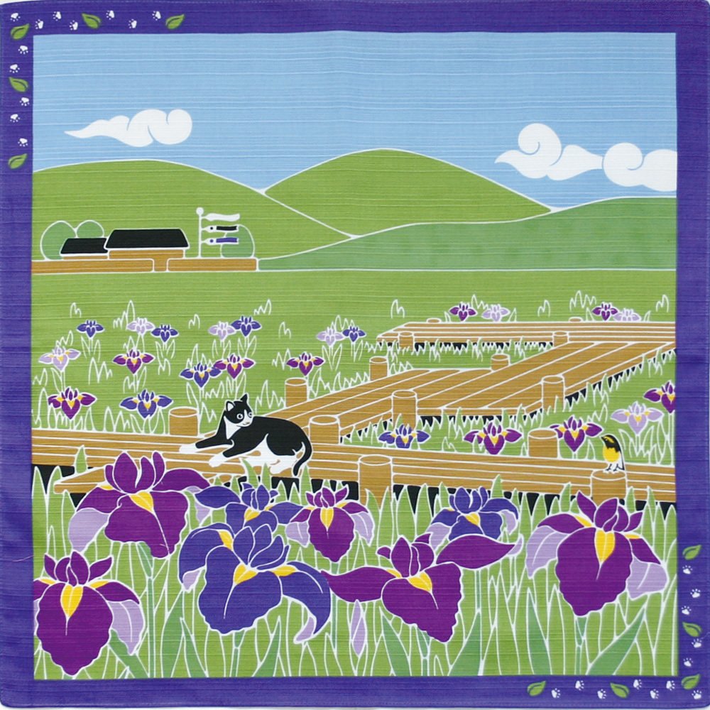 Furoshiki Japanese Traditional Wrapping Cloth Tapestry Made in Japan, Walking a cat named Tama, Flower Iris, 19.7x19.7inches(50x50cm)
