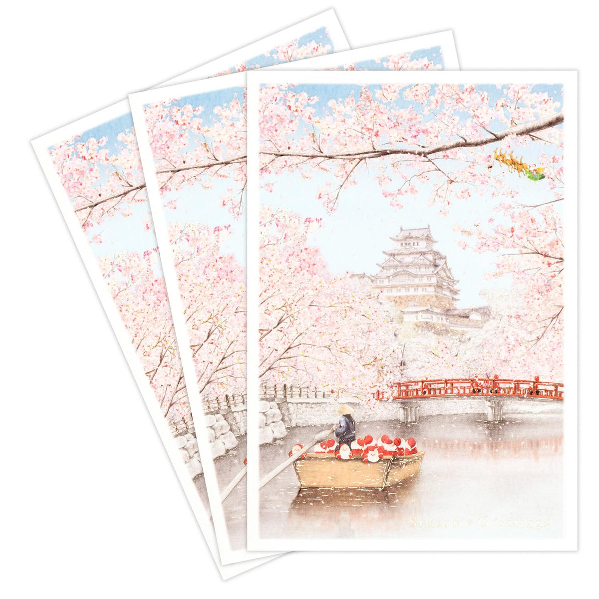 Mini Santa Greeting Life Christmas Cards, Set of 3, Japanese Style, Himeji Castle SJ-77-AM