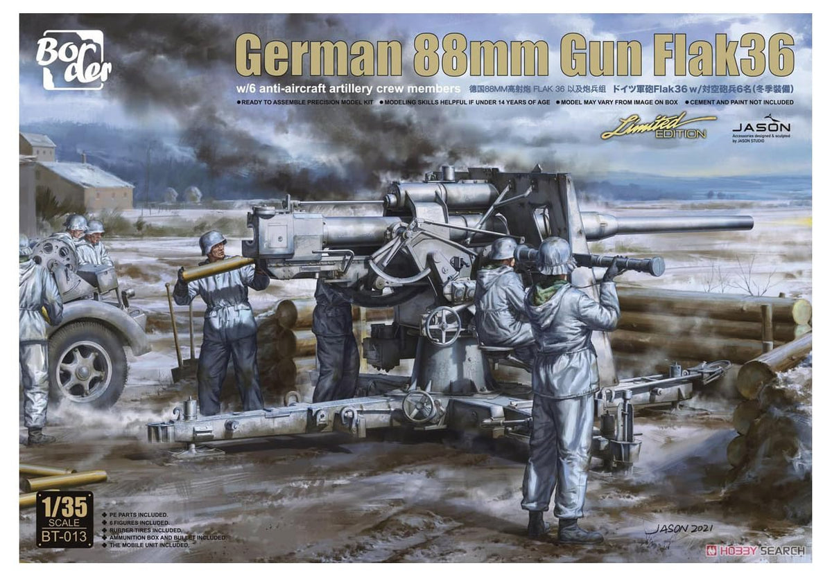 Flak36 w/Artillery Figure, 1/35 German Army, 3.5 inches (88 mm) Cannon, Plastic Model, BT013, Molded Color