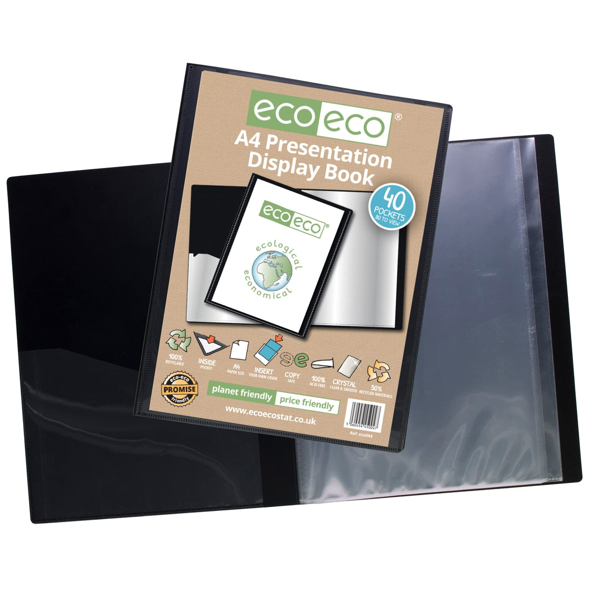 eco-eco A3 Size 50% Recycled 40 Pocket Black Presentation Display Book, Storage Case Portfolio Art Folder with Plastic Sleeves