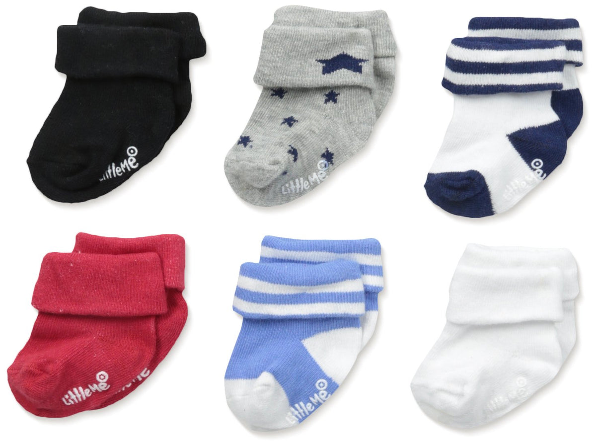 6-Pack Baby Boys Socks, Thick Cotton Rich Terry Cloth Turn Cuff Socks, Assorted Colors, 0-6 Months