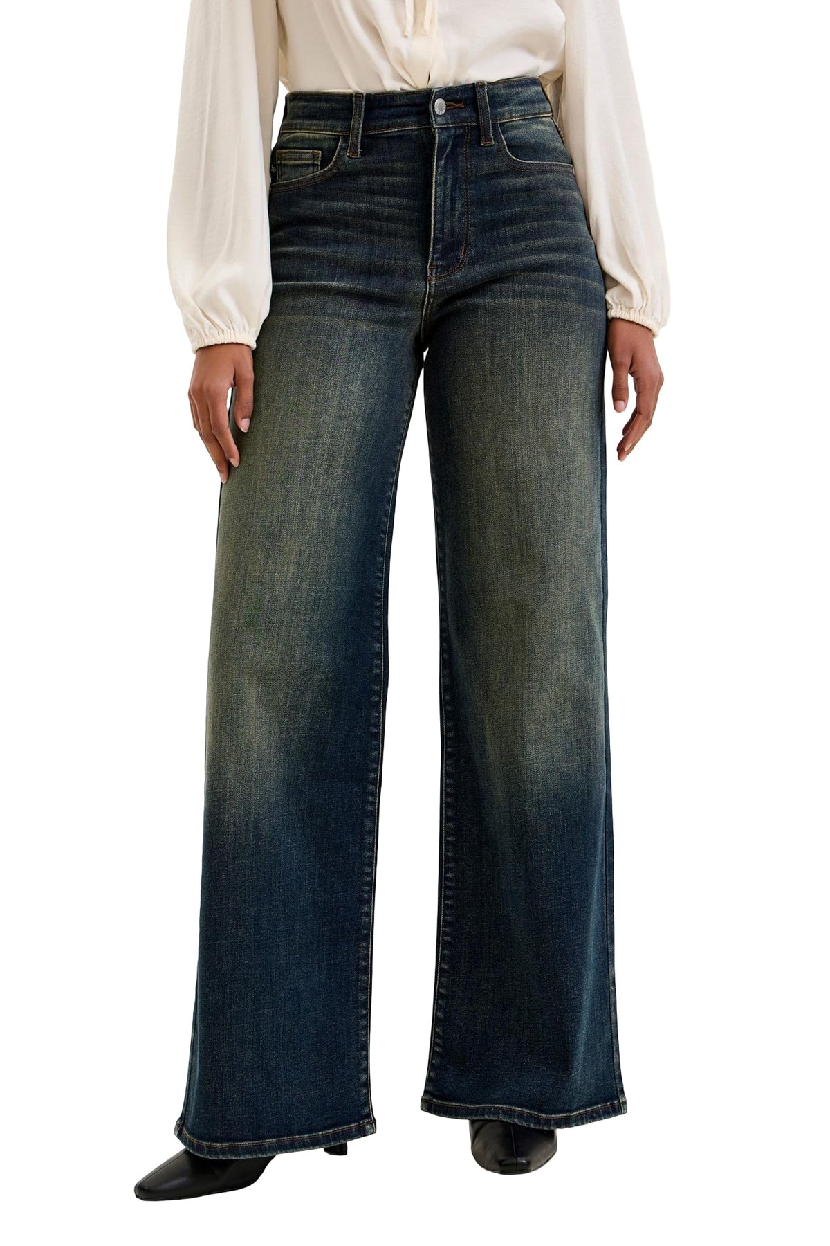 Judy Blue Womens Jeans - High Waisted Luxury Retro Wide with Adjustable Back Tab, Dark Whisky Night Wash (5, Dark Blue)