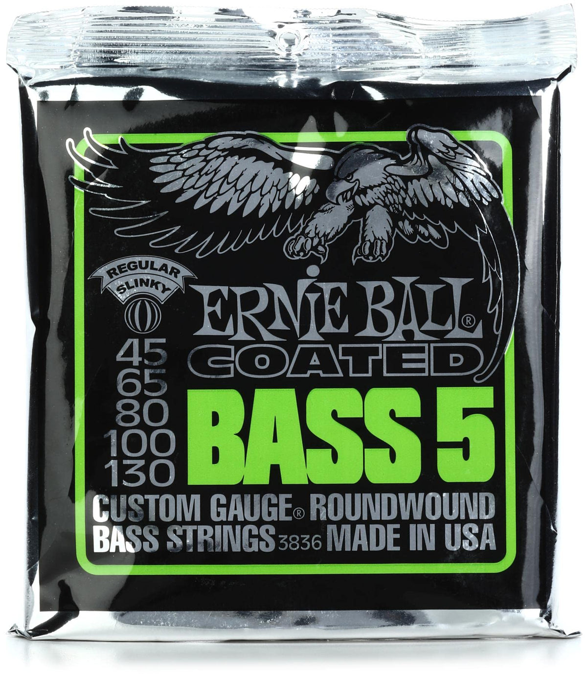 Ernie Ball 5-String Regular Slinky Coated Bass Guitar Strings, 45-130 Gauge (P03836)