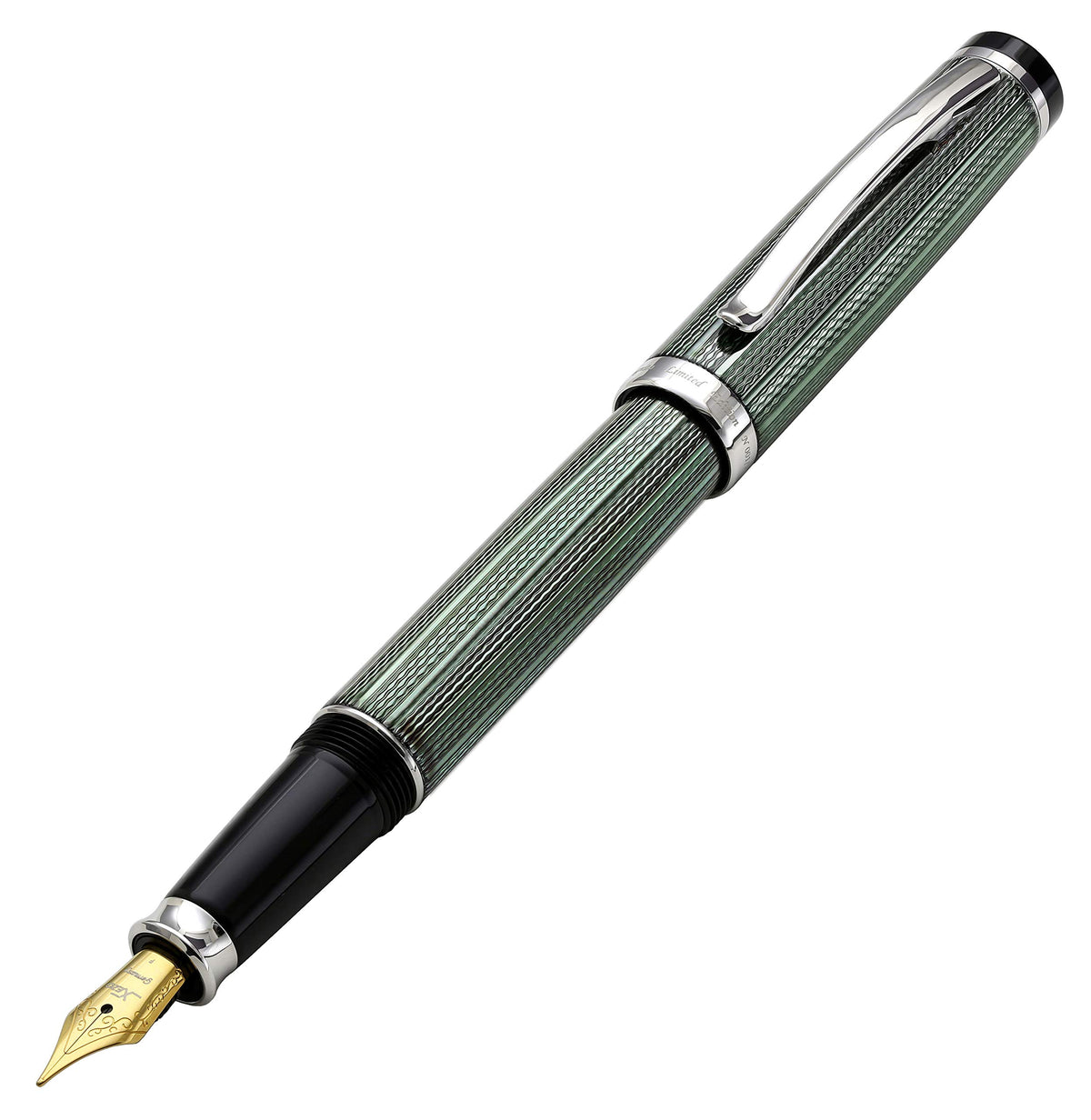 Xezo Incognito Fountain Pen, Fine Nib. Zinc Green Layered Lacquer with Pure Platinum Plating. Handcrafted, Limited Edition, Serialized