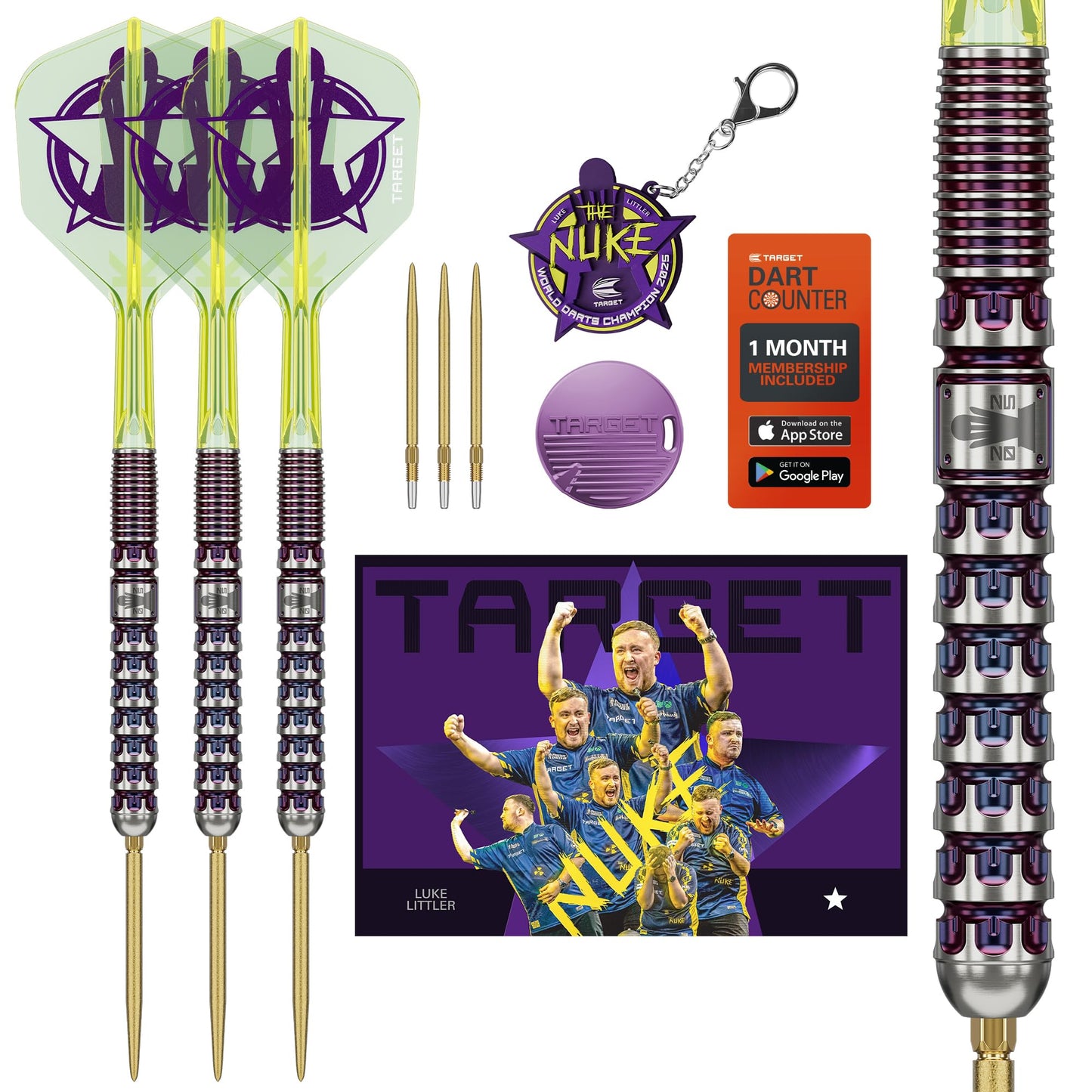 Target Darts Luke Littler World Champion Steel Tip Swiss Point Darts, 90% Tungsten Dart Set, 23G | The Nuke 2025 Special Edition K-Flex, Key Ring, Spare SLK Swiss Points and Premium Tool Included