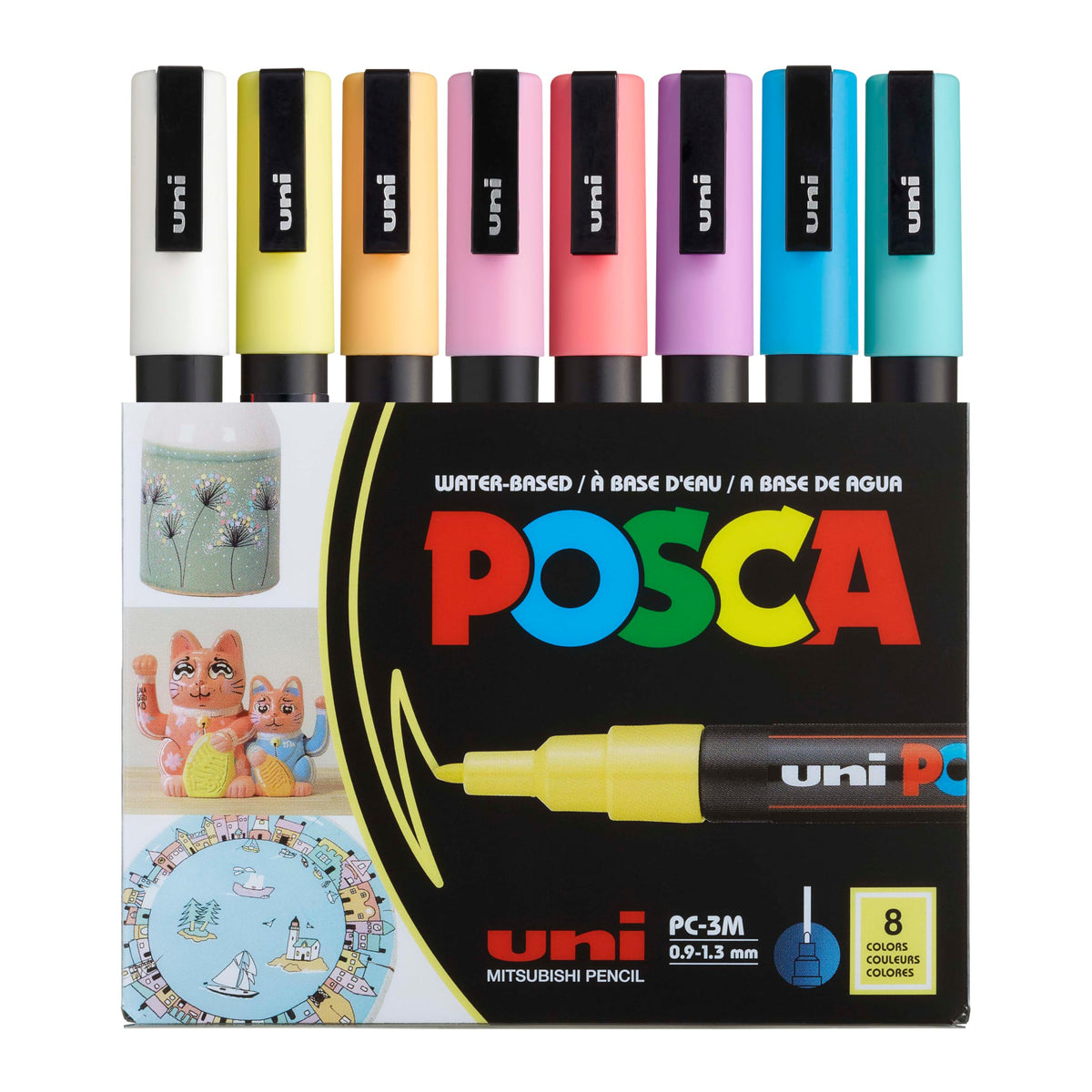Posca Markers Set, 8 Fine Paint Markers 3M – Soft Tones – White, Sunshine Yellow, Apricot, Light Pink, Coral Pink, Lavender, Light Blue, Aqua Green