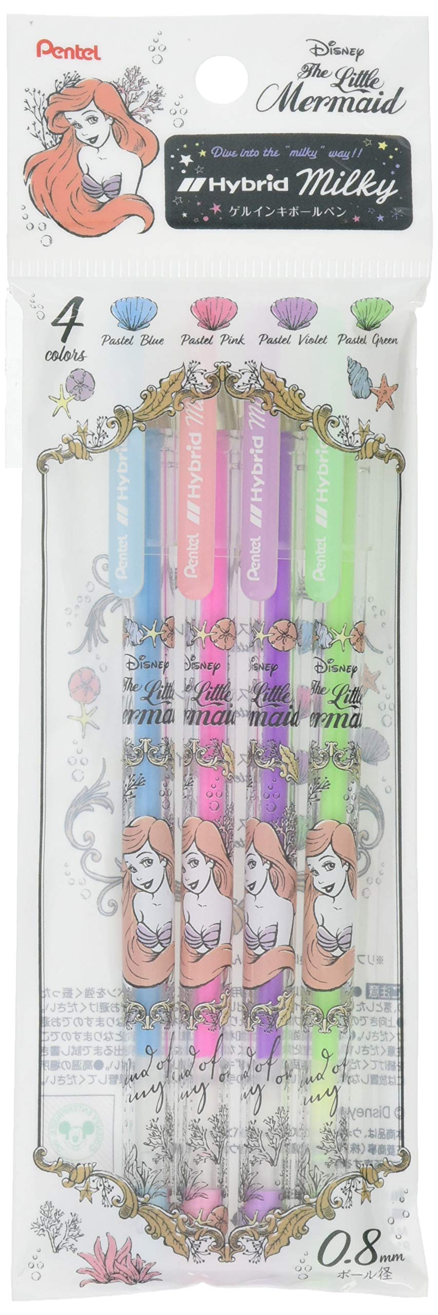 Showa Note 914457002 Little Mermaid Gel Ink Ballpoint Pen, Hybrid, Milky, Set of 4 Colors, Ariel
