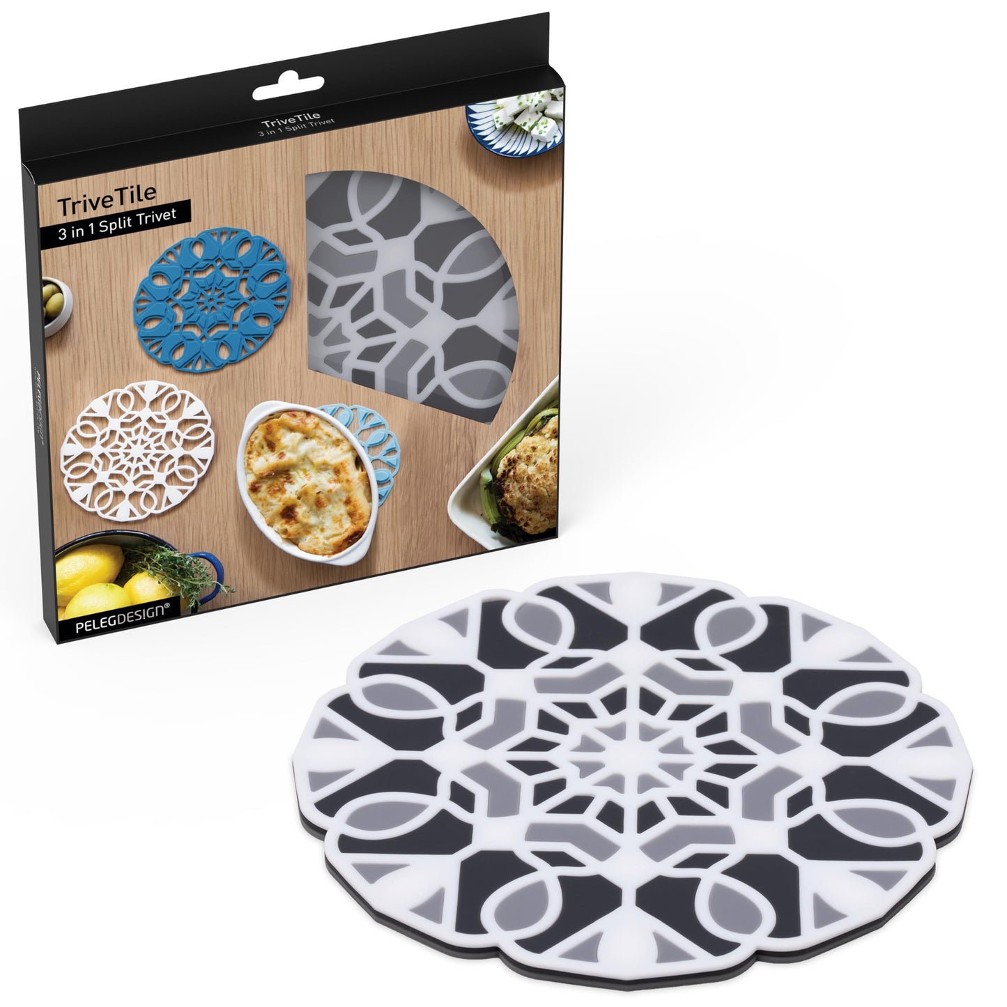 Peleg Design TriveTile Trivet Set – for Hot Pots and Pans - Fun and Decorative – Non-Slip Heat-Resistant Kitchen Trivets - Split into 3 Trivets, Holds 3 Dishes Simultaneously - 7x7 inches (Charcoal)