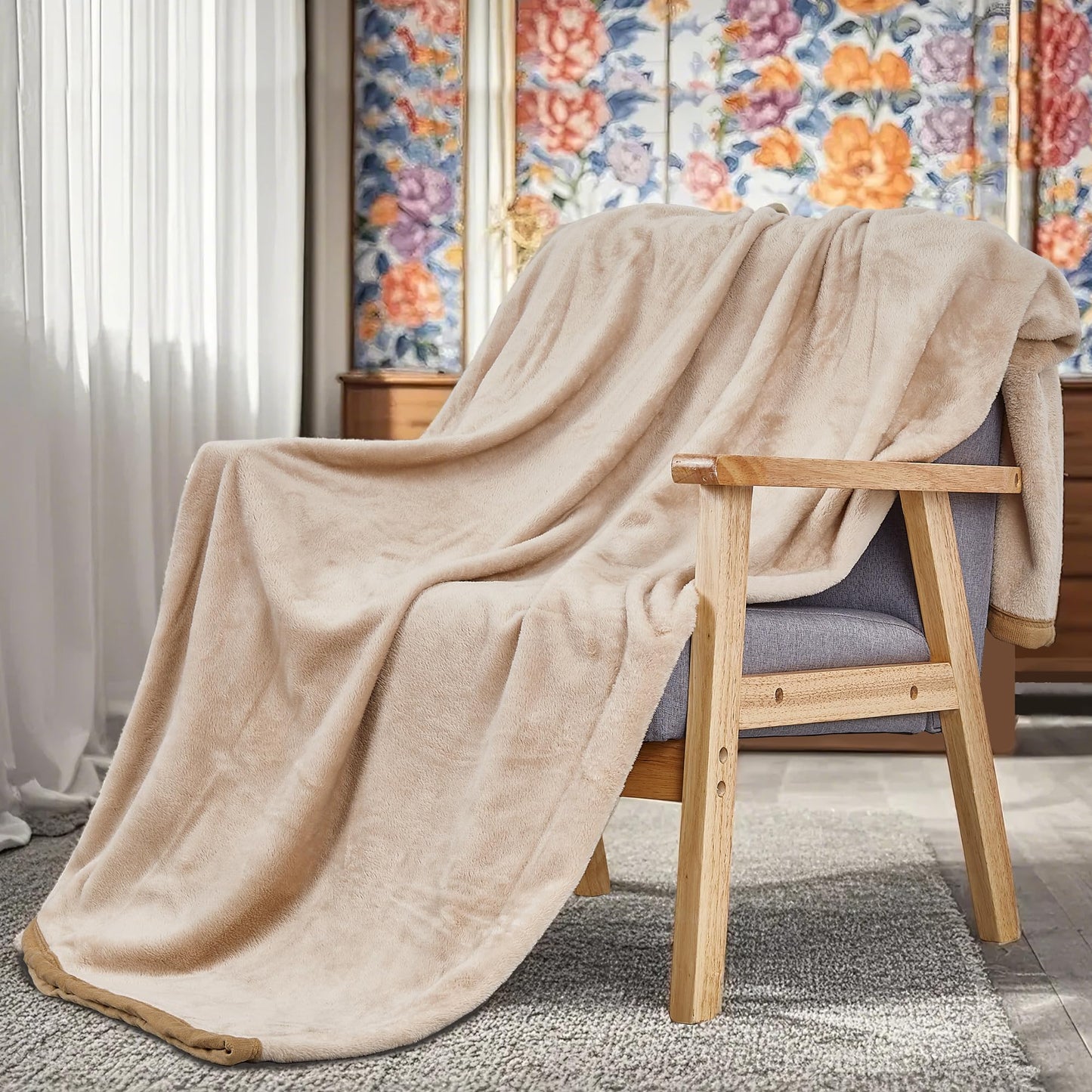 VECELO Soft and Textured Blanket, Blanket, Single Throw, Cute, Washable, Fleece, Dryer Safe, Mofu Blanket, Car, Mohua, Warm, 27.6 x 39.4 inches (70 x 100 cm), Khaki