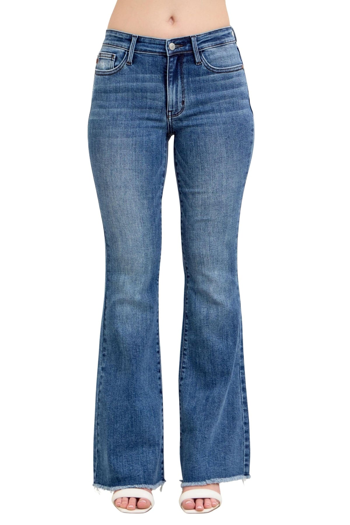 Judy Blue Women's Mid-Rise Vintage Wash Fray Hem Flare Jeans (Medium Blue, 9)