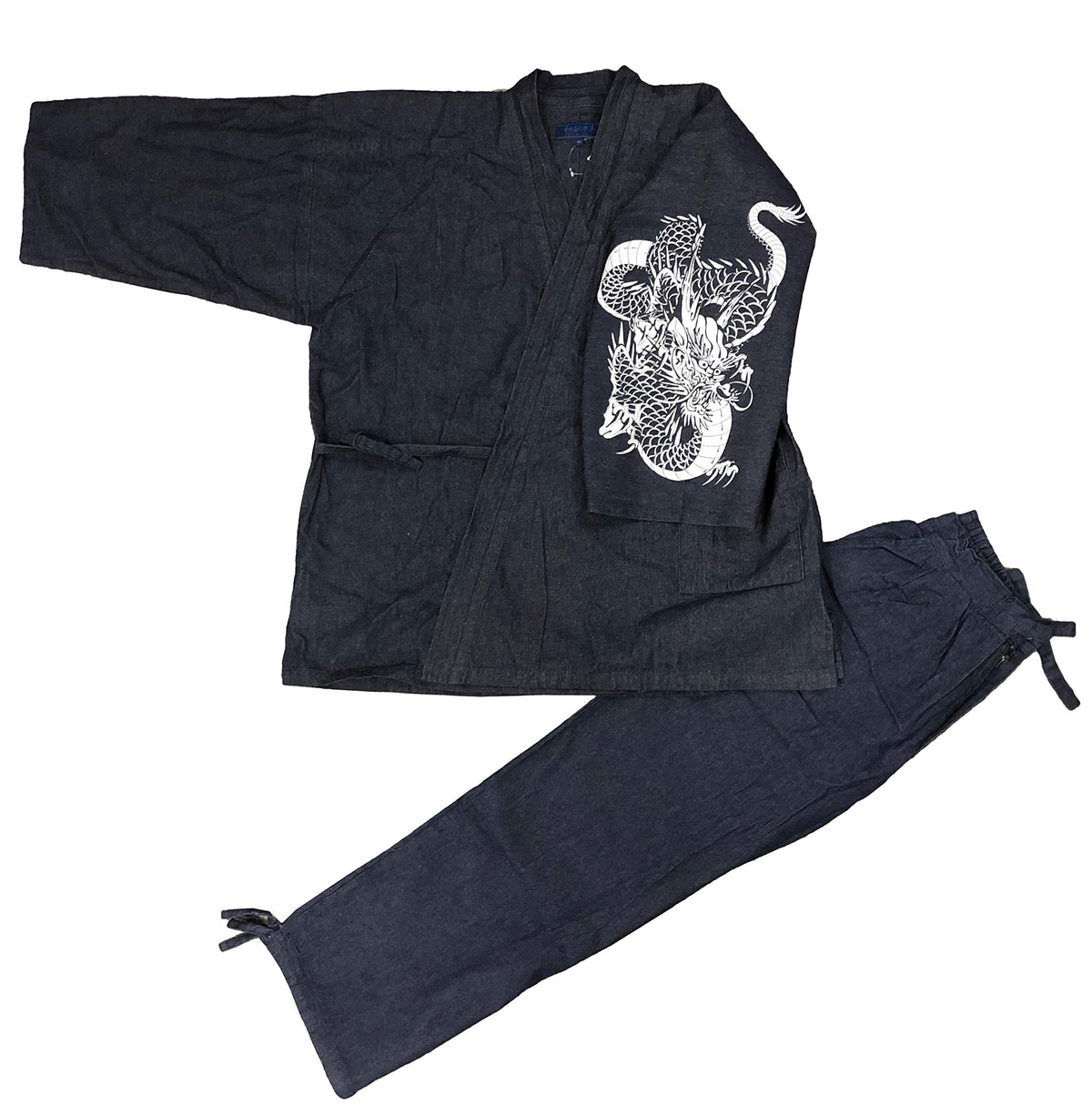 Edoten Men's Japan Denim Samue Pattern printed XL.Navy Doragon of Scolded with Left Sleeve 114