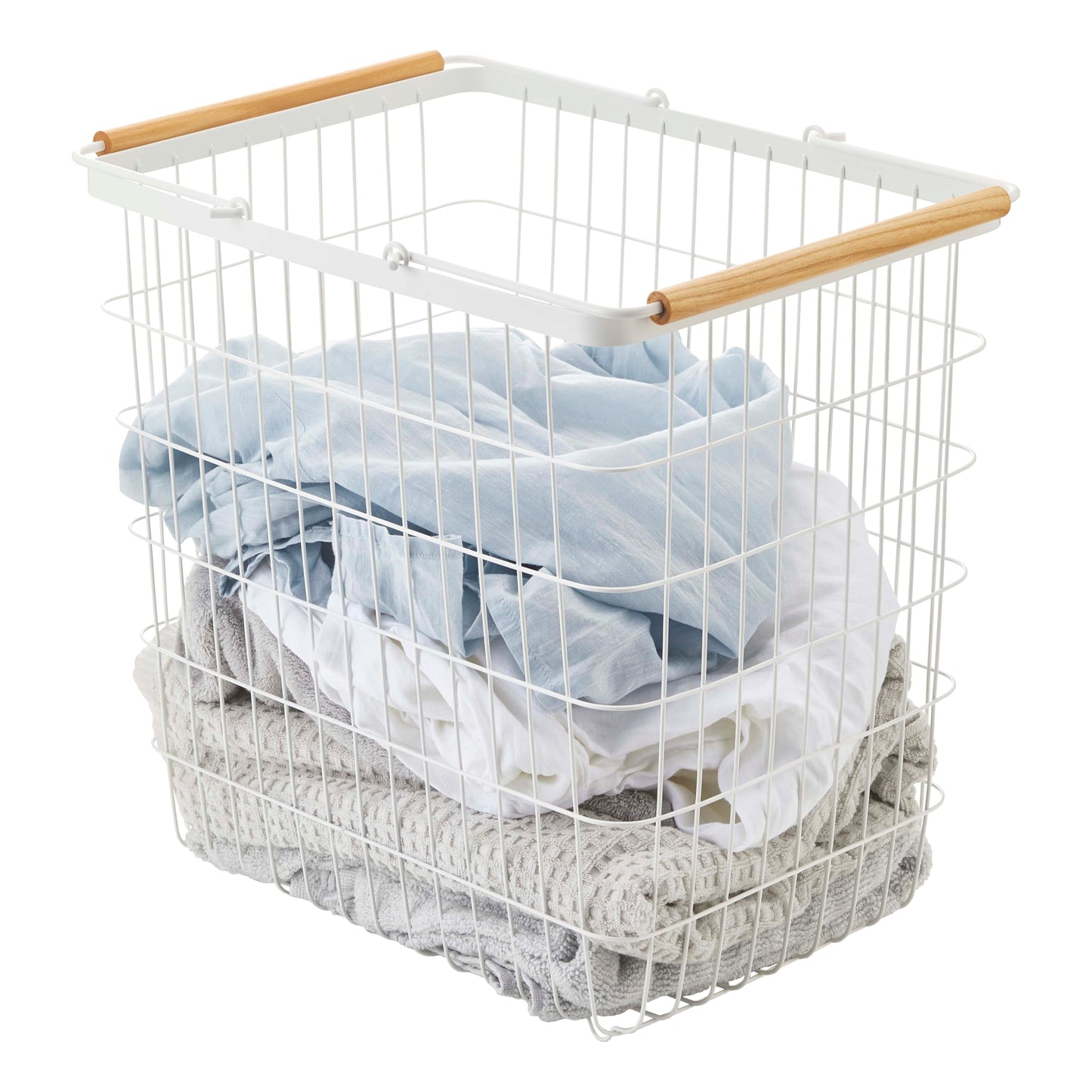 Yamazaki Home Tosca Laundry Basket - Laundry Basket With Wooden Handles - Large, 15" - Steel + Wood - 8.7 Gallons, 33 Liters