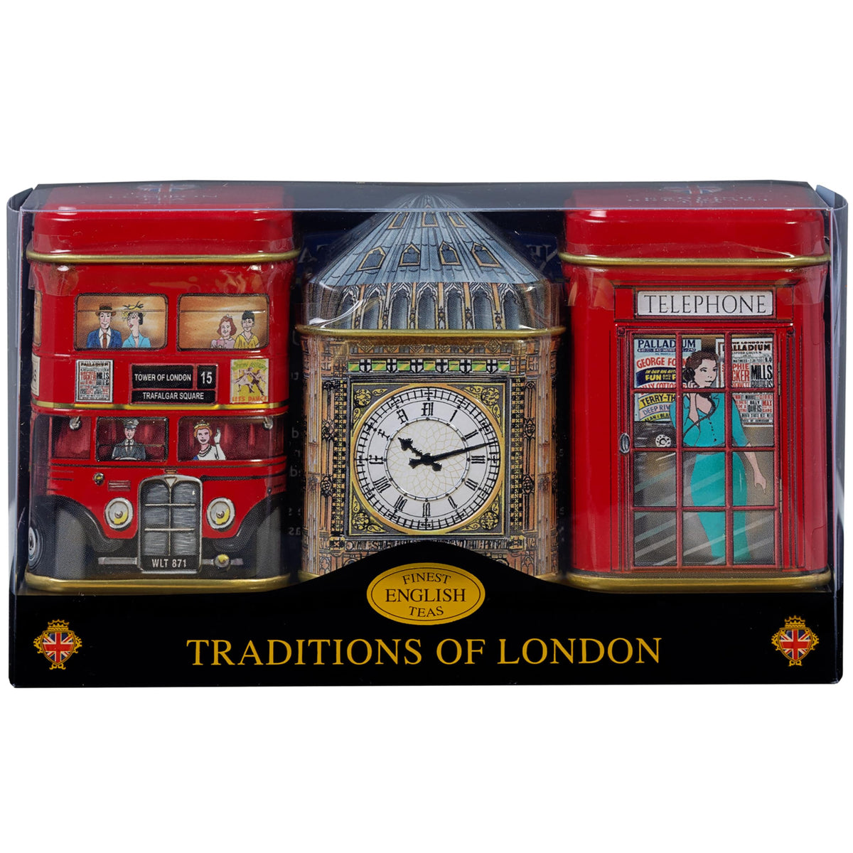 London Icons 3x Mini Tea Tins with Fine English Loose Tea (Big Ben, Red London Bus, Telephone Box)