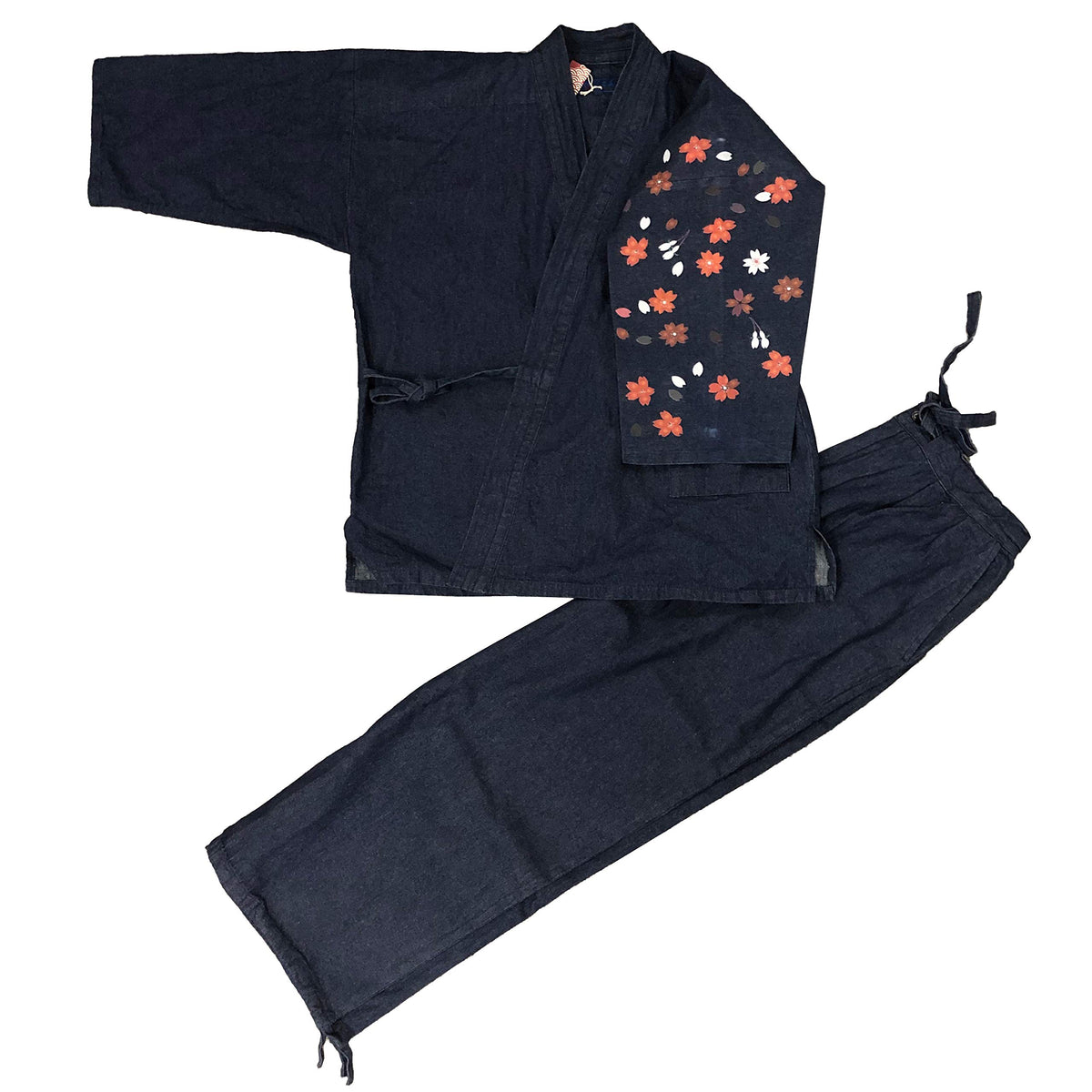 Edoten Men's Japan Denim Samue Pattern printed 4L.Navy Sakura Colerd with Left sleeve 112.
