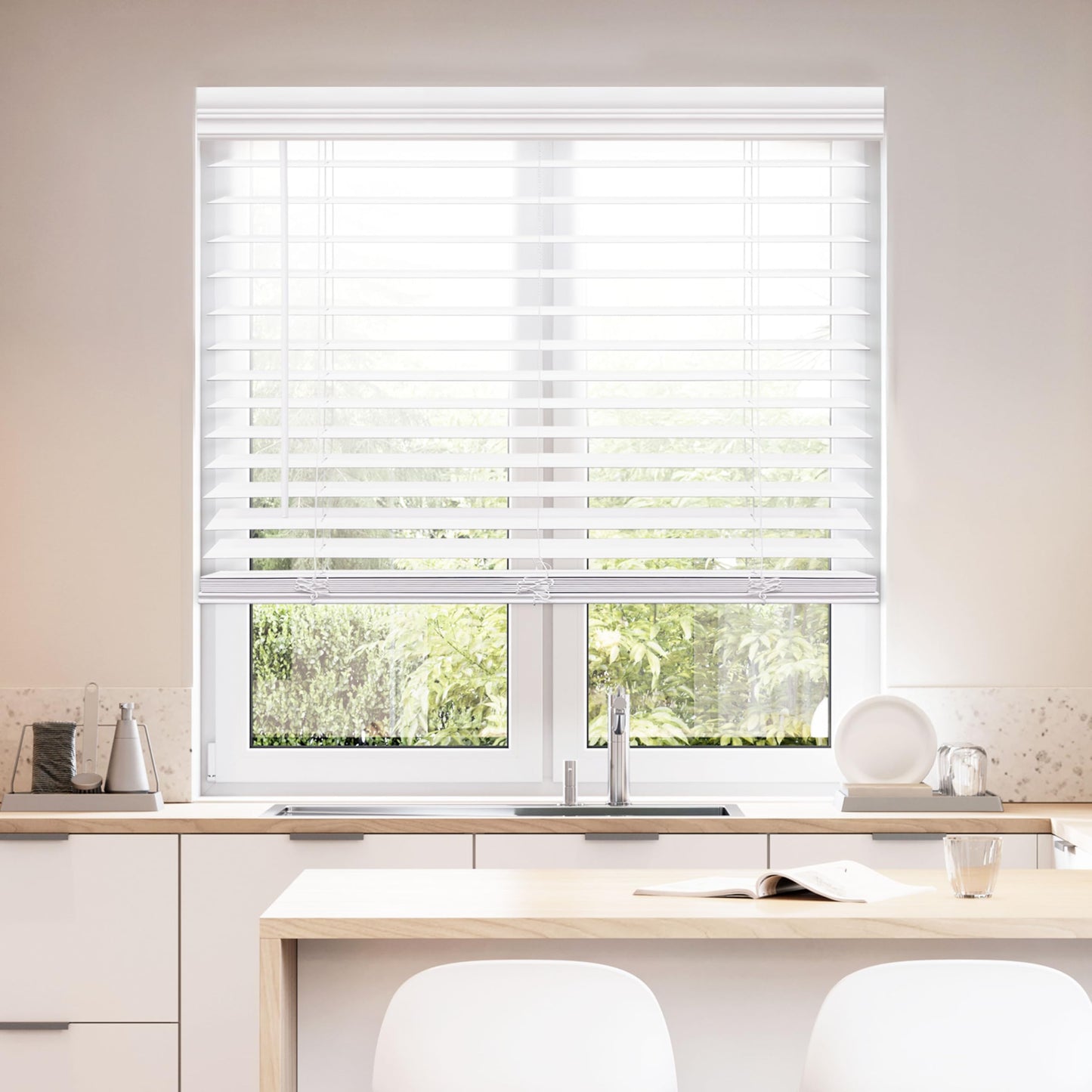DEZ FURNISHINGS Cordless 2" Faux Wood Blind, 49.25" W x 64" H, White