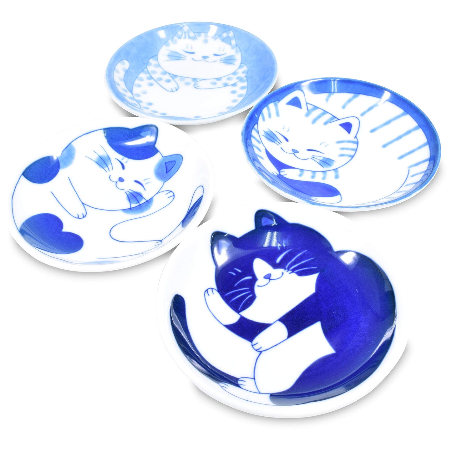 Mini Side Condiment Plate, Sushi Soy Sauce 3.9” Cat Design 4 Pattern Set