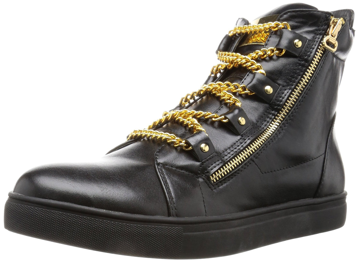 ENDEVICE Hi-Cut Bootsneakers Lace-up Gold Silver Chain Side-Zip Sneakers Casual Shoes Men Black,44 EU (US Men's 10.5 M)