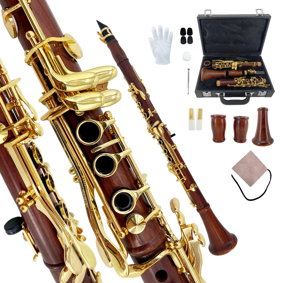 YoungMonic Bb Clarinet Rosewood Body Gold-Plated Keys Full Beginner Kit with Hard Case, Complete Starter Set with Care Kits for Easy Learning & Clear Tone(r2)