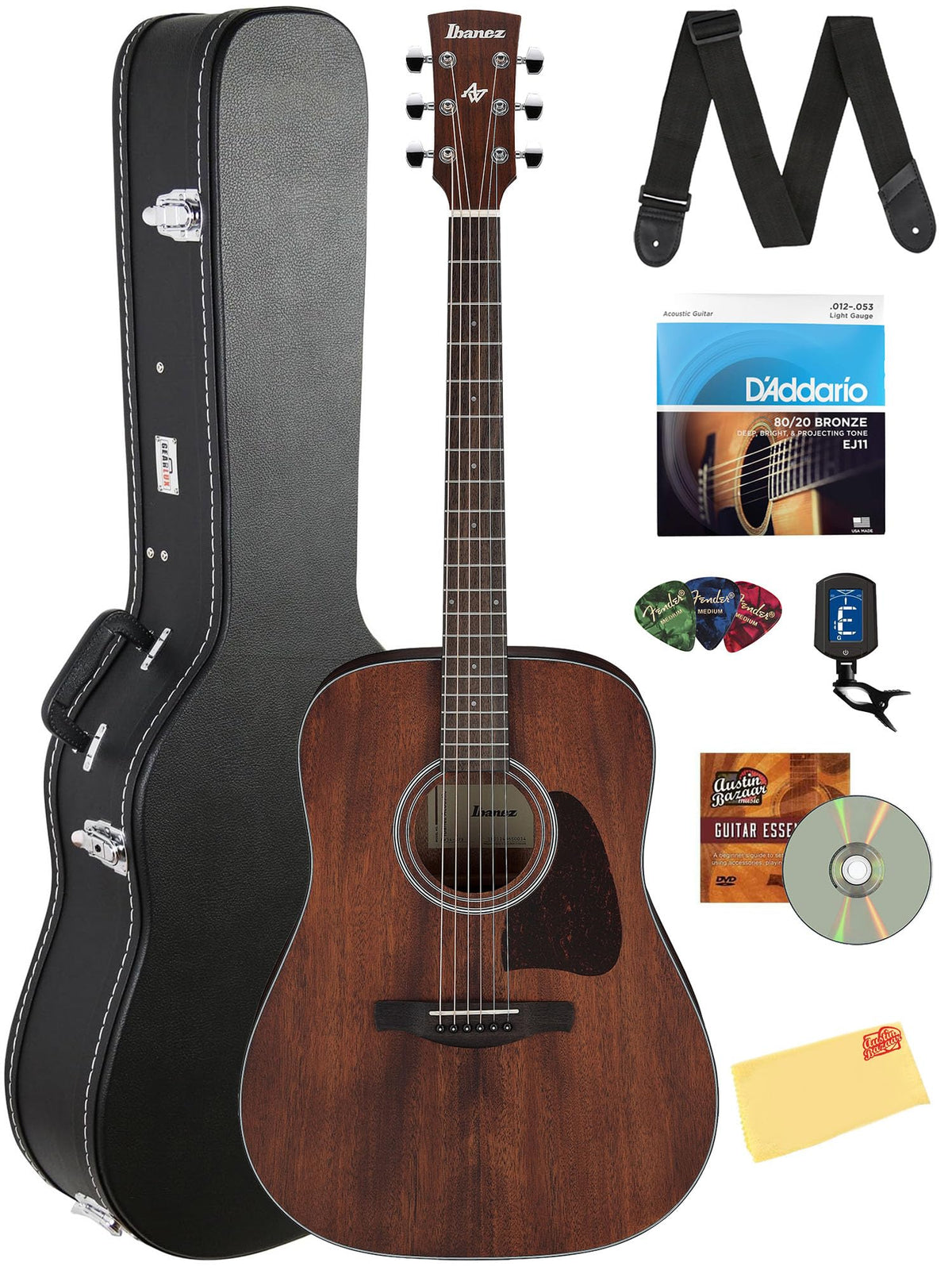 Ibanez AW54 Artwood Traditional Dreadnought Acoustic Guitar - Open Pore Natural Bundle with Case, Tuner, Strap, D'Addario Strings, Picks, Austin Bazaar Instructional DVD, and Polishing Cloth