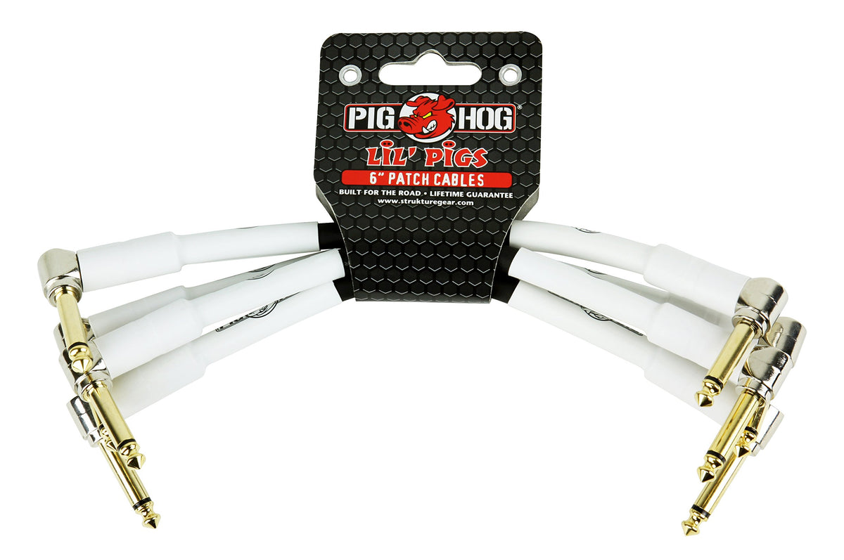 Pig Hog PHLIL6 Lil' Pigs Right-Angle 1/4" White Instrument Patch Cables, 6" (4 Pack)