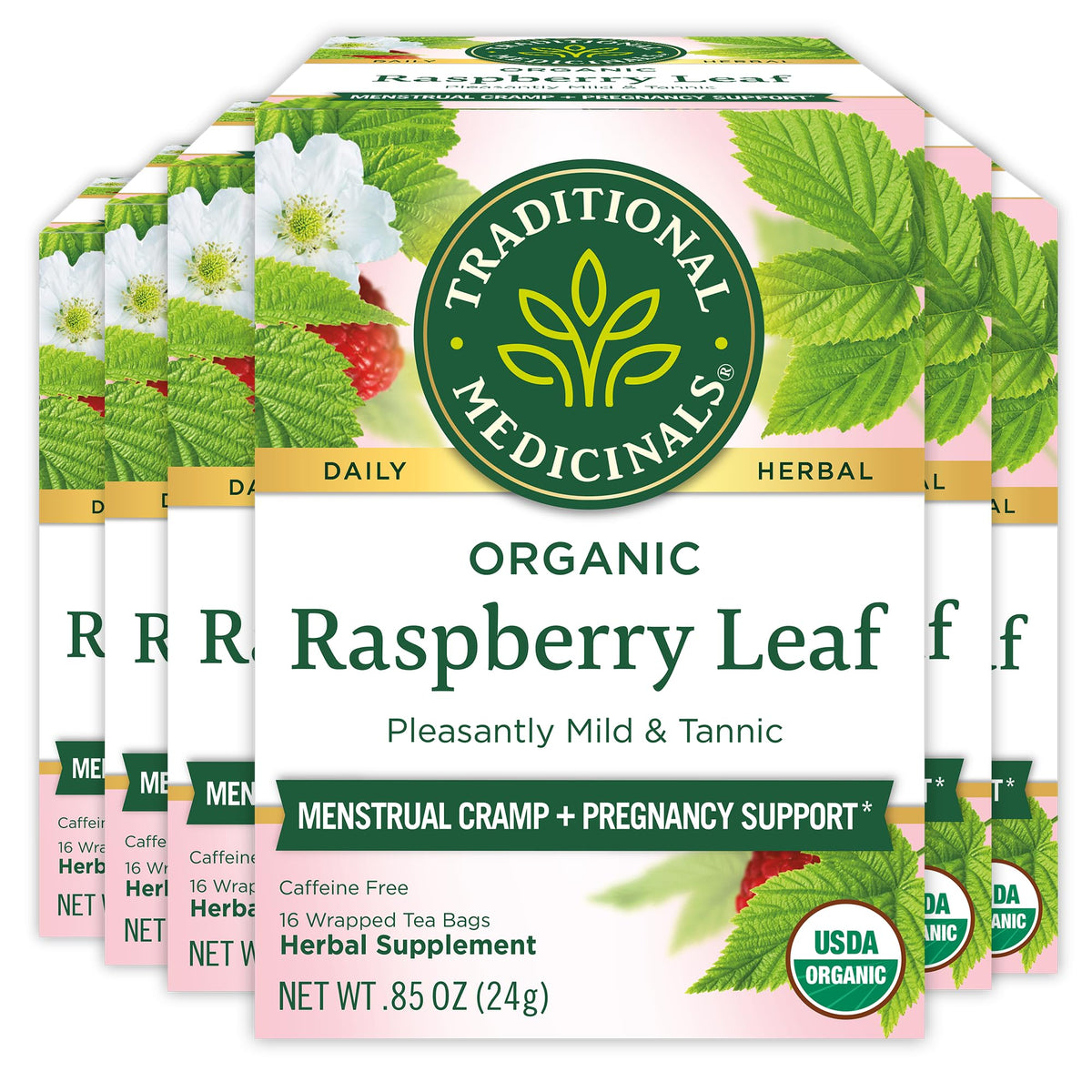 Traditional Medicinals Organic Raspberry Leaf Tea, Supports Healthy Pregnancy and Soothes Menstrual Cramps, (Pack of 6) - 96 Tea Bags Total