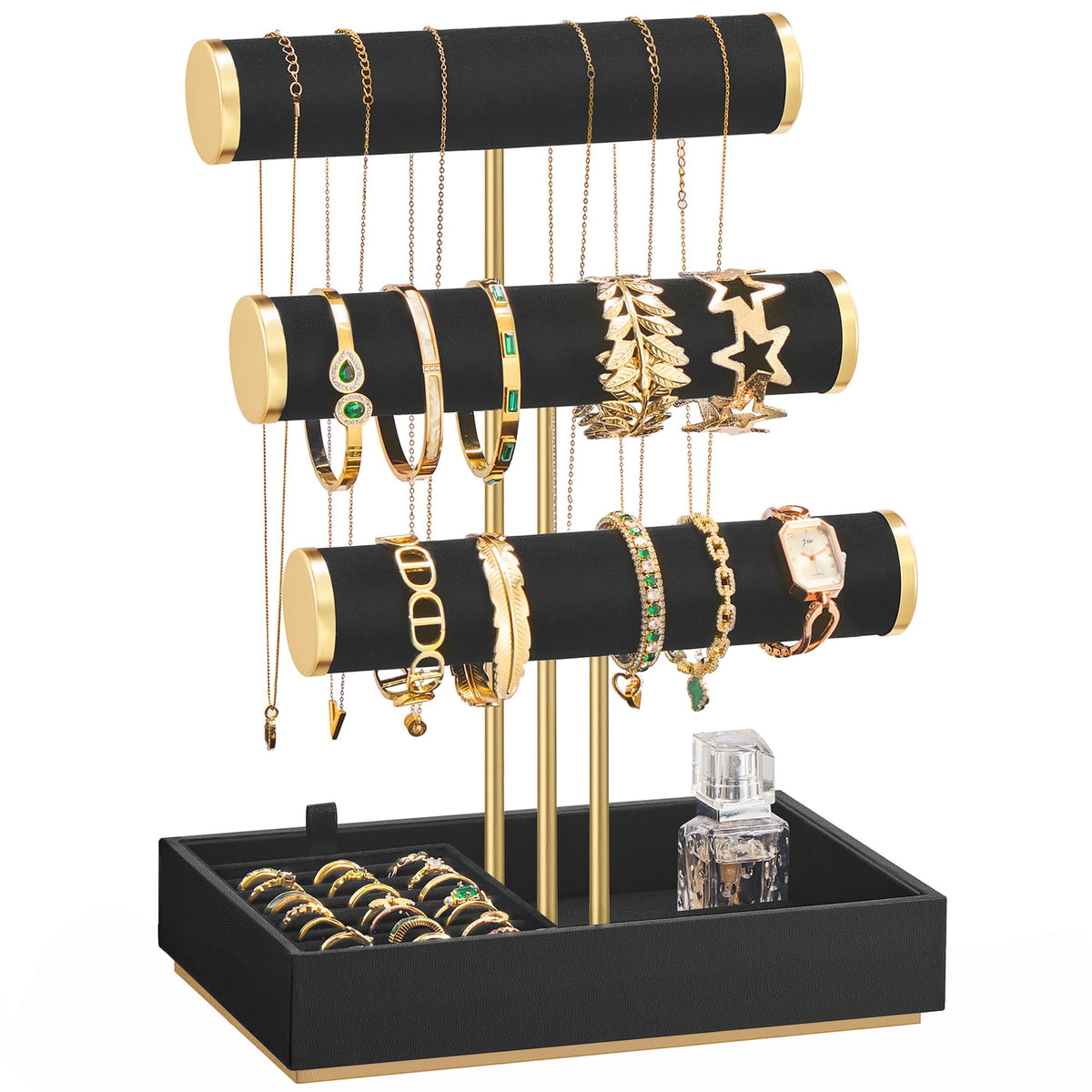 SONGMICS Bracelet Holder Stand, Jewelry Display Stand, Jewelry Organizer, with 3 Tiers and Velvet Tray, Removable Ring Holder, Ink Black UJJS027B01