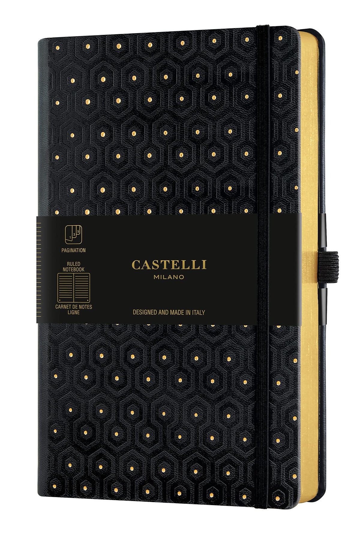 Castelli Milano COPPER & GOLD Honeycomb Gold Notebook 13x21cm Striped Page Hard Cover Black Color 240 Pag