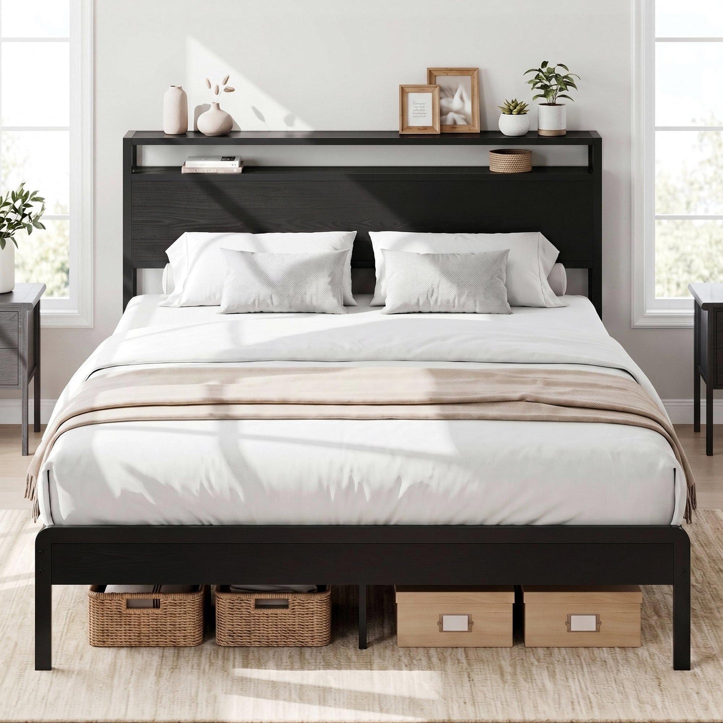 LIKIMIO Queen Bed Frame with 2-Tier Storage Shelf Headboard