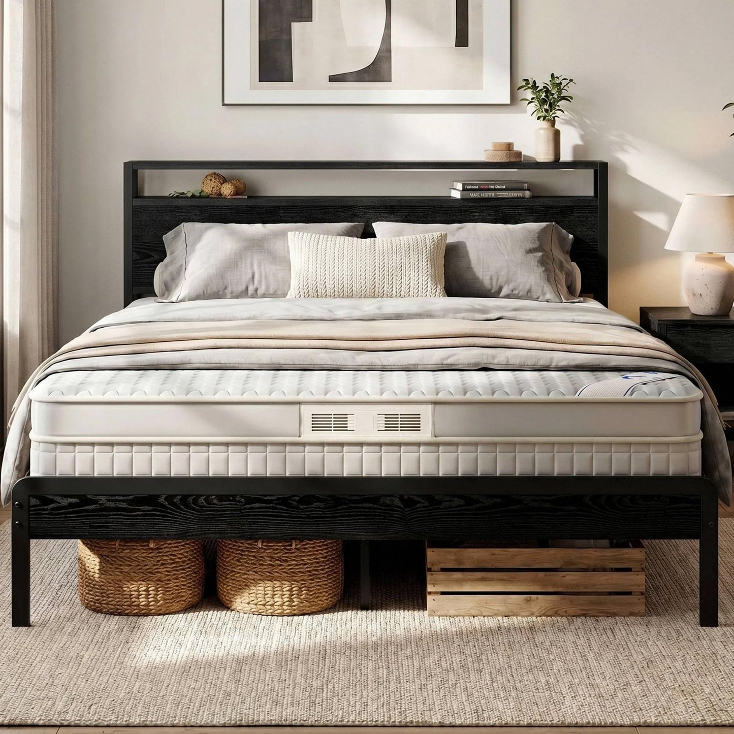 LIKIMIO Queen Bed Frame with 2-Tier Storage Shelf Headboard