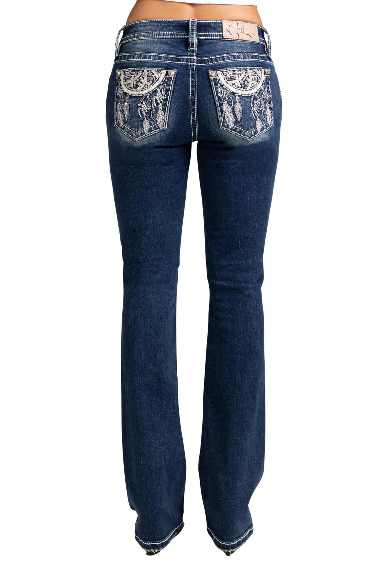 Miss Me Women's Dreamcatcher Monogram Logo Embellished Pockets Mid-Rise Bootcut Jeans (Vintage Blue, 30W x 32L)
