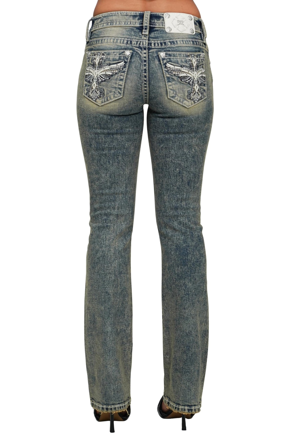 Miss Me Women's Mid-Rise Lumina Winged Cross Embellished Pockets Bootcut Jeans (Vintage Blue, 29W x 34L)