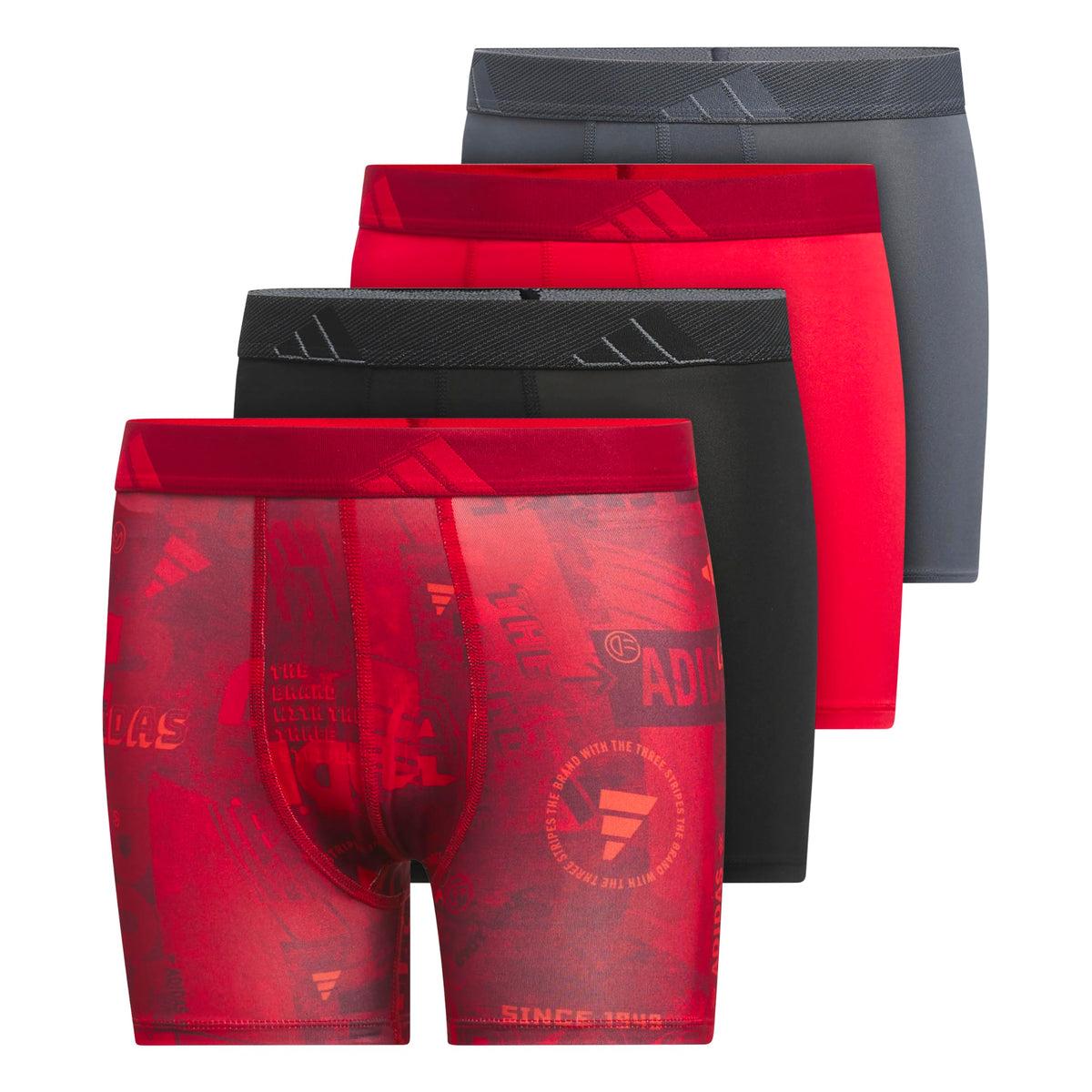 adidas Boys Performance Microfiber Boxer Briefs (4-Pack or 3-Pack) Kids Graphic Underwear, Upscaled Mix Pure Ruby-Bright Red/Black/Pure Ruby Red/Graphic, S