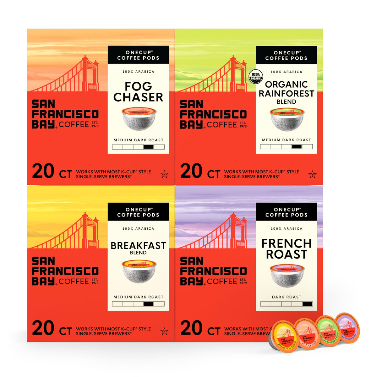 San Francisco Bay K-Cup Coffee Pods Favorite Four Variety Pack (80 ct), Includes French Roast, Fog Chaser, Organic Rainforest, & Breakfast Blend, Commercially Compostable Single-Serve Coffee Pods