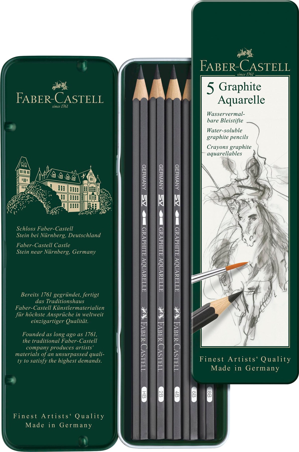Faber-Castell 5 Piece Quality Water-Soluble Graphite Aquarelle Pencils in a Tin, Including HB, 2B, 4B, 6B and 8B, Grey