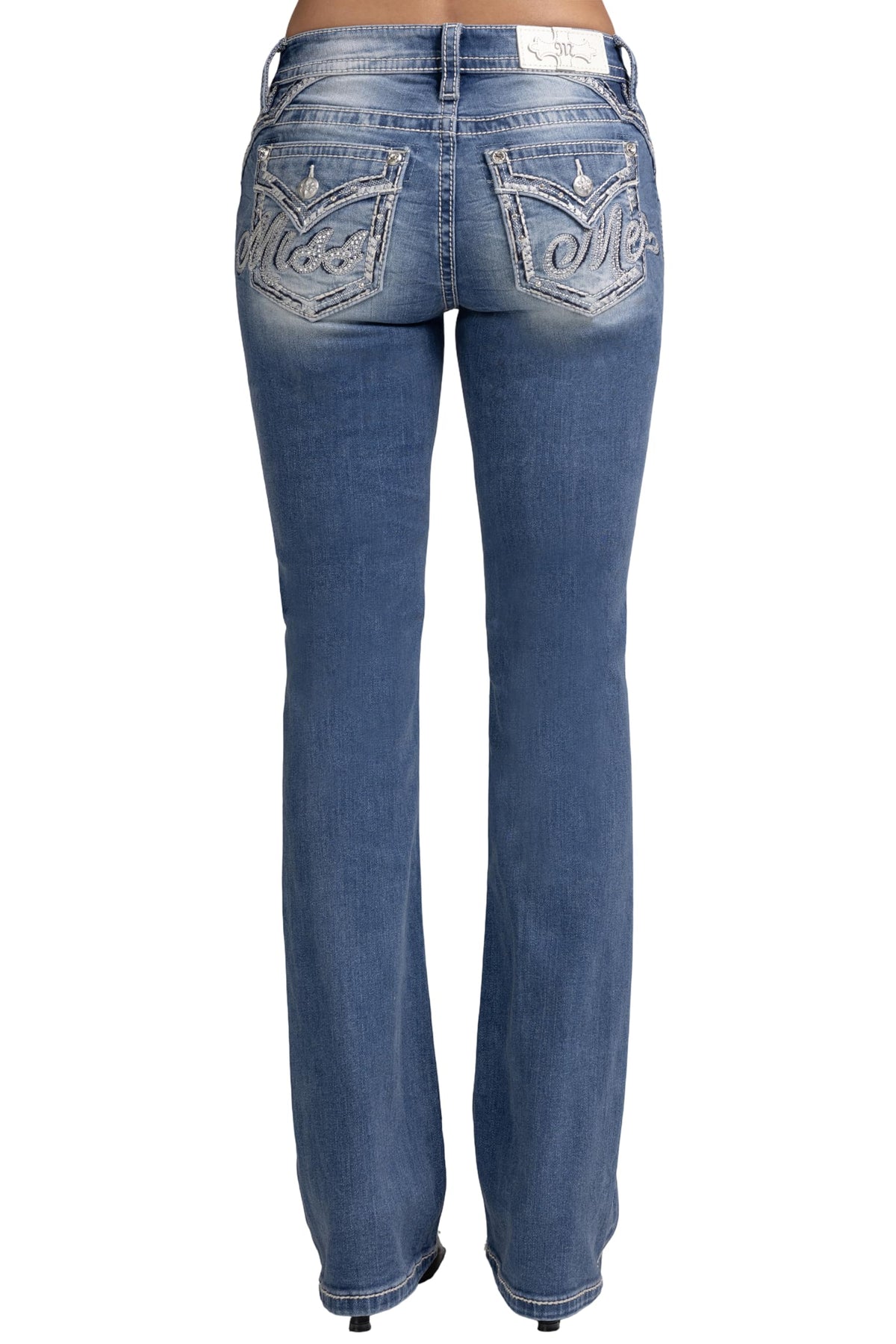 Miss Me Women's Script Logo Embellished Faux Flap Pockets Mid-Rise Bootcut Jeans (Medium Blue, 29W x 30L)