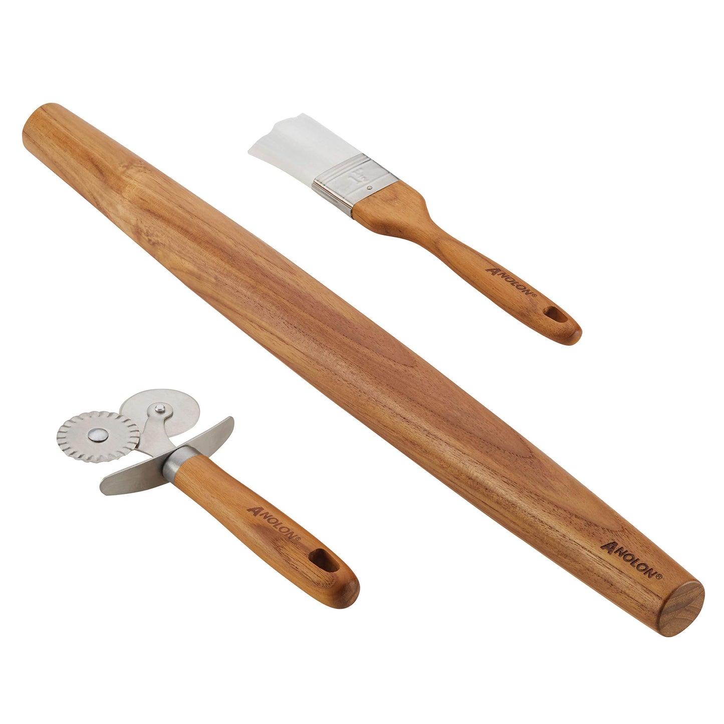 Anolon Tools and Gadgets 3-Piece Prep Set Pastry Wheel Cutter, Pastry Brush, 19" French Rolling Pin
