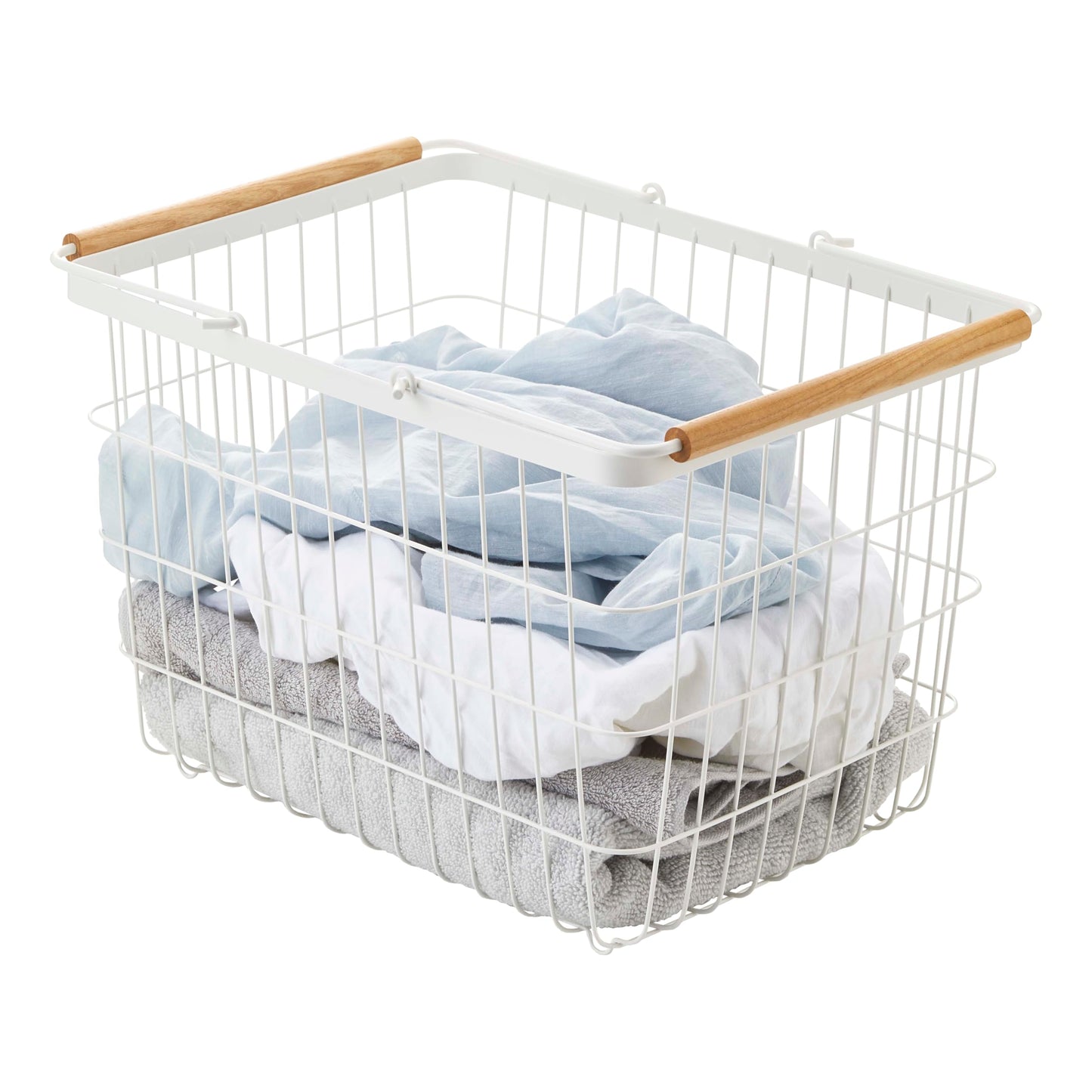 Yamazaki Home Tosca Laundry Basket - Laundry Basket With Wooden Handles - Medium, 11" - Steel + Wood - 6 Gallons, 23 Liters