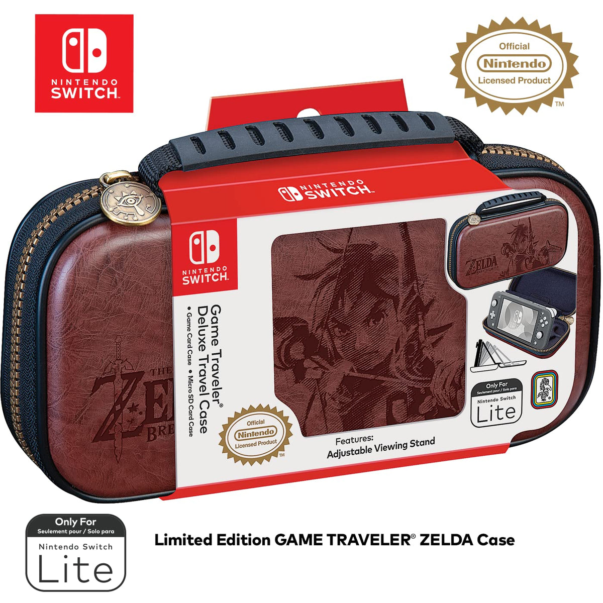RDS – Officially Licensed Nintendo Switch Zelda Lite Carrying & Travel Case - Adjustable Viewing Stand, Bonus Game Case & Deluxe Carrying Handle